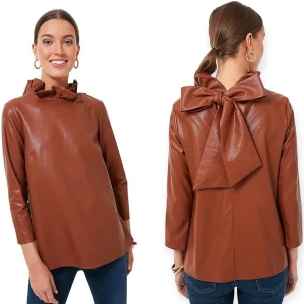 Tuckernuck Cognac Faux Leather Faye Bow Blouse Size Medium